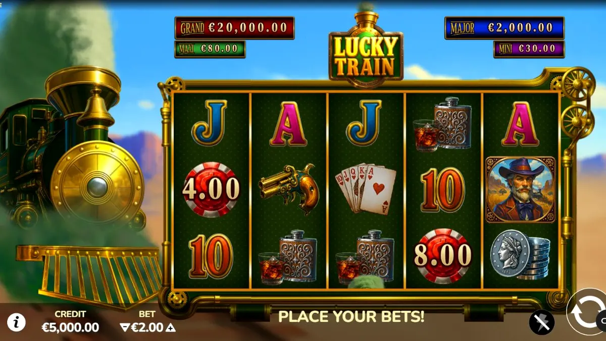 Tampilan visual lokomotif steampunk dalam permainan slot Lucky Train